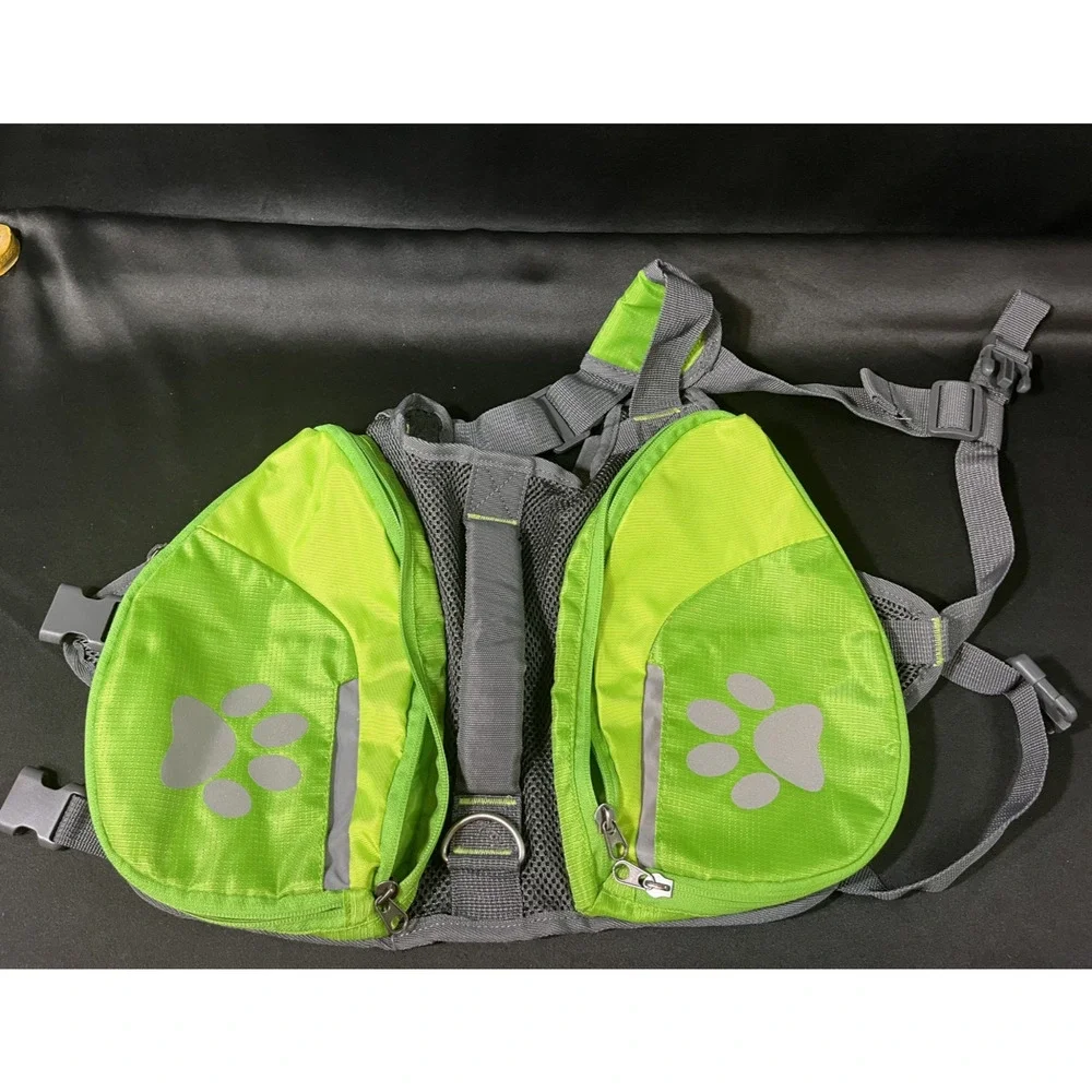 dog Saddlebag Backpack Harness Reflective Paw Print Green Gray Adjustable S/M